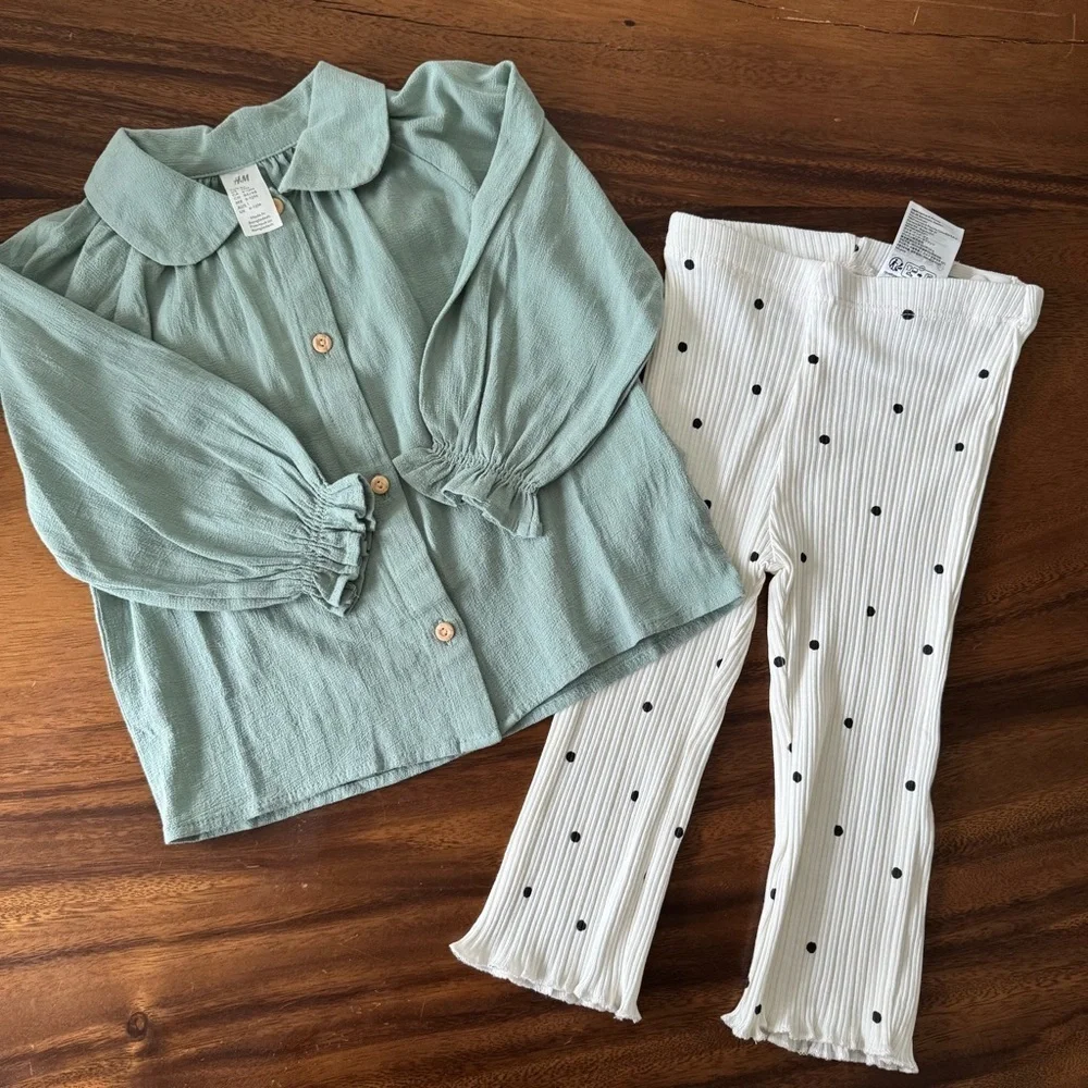 NWT H&M Sage Green Crepe Blouse and White Polka Dot Cotton Pants Set 12M